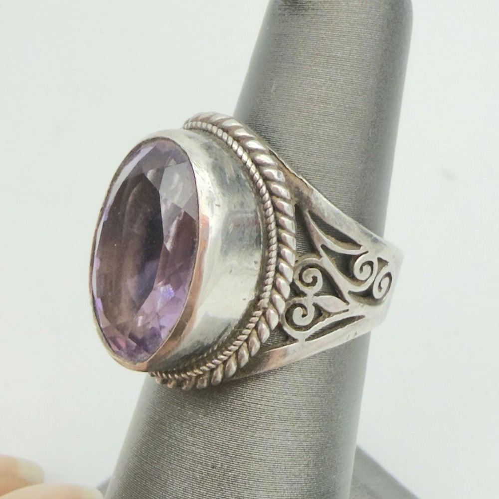 Vintage 925 Sterling Silver Amethyst Ring Women 5.5 Purple Good Bali Ornate